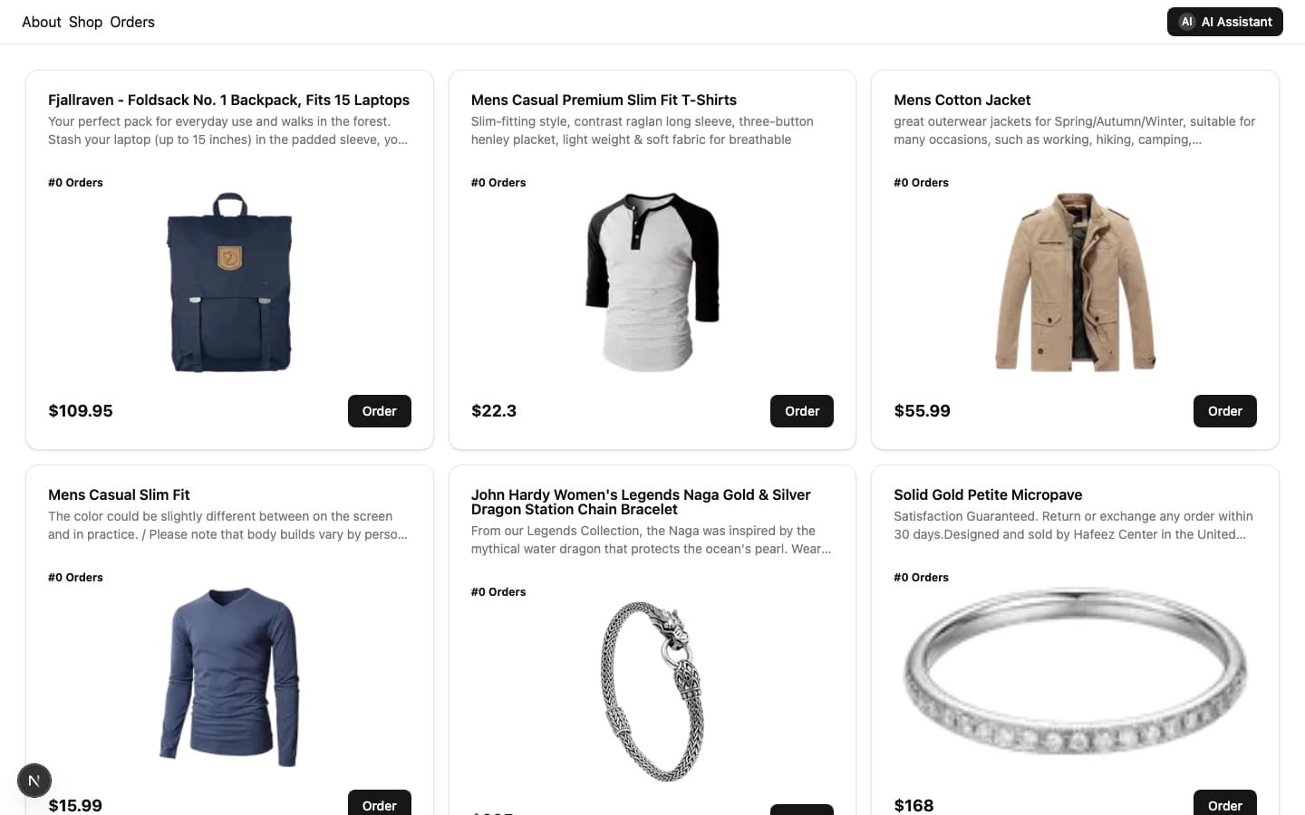 The MCP shop: product grid with an AI Assistant button